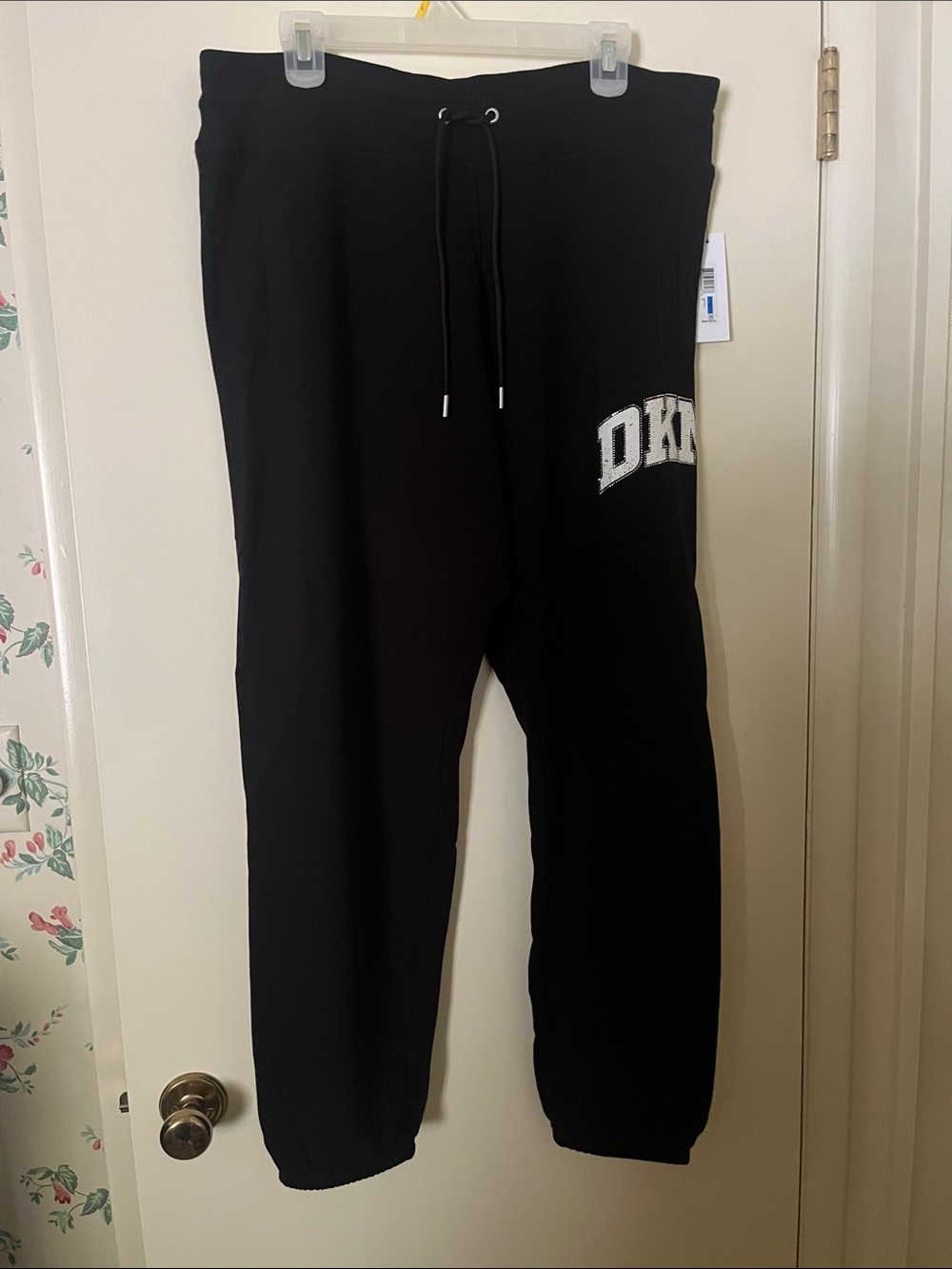 DKNY Black Jogger Sweatpants with White Logo Outlined in Rhinestones. NWT